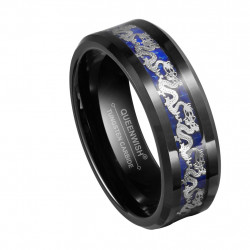 8mm Black Tungsten Carbide Ring Silvering Dragon Blue Carbon Fibre Inlay Mens Wedding Bands Jewelry