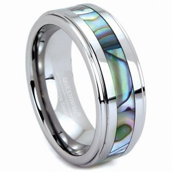 8mm Silver Abalone Ring Mens Wedding Band Tungsten Ring -  Nature Wedding Ring with Abalone Shell Inlay