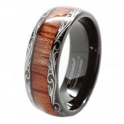 8mm Black Tungsten Rings For Men Wedding Band Koa Wood Inlaid Dome Edge Comfort Fit